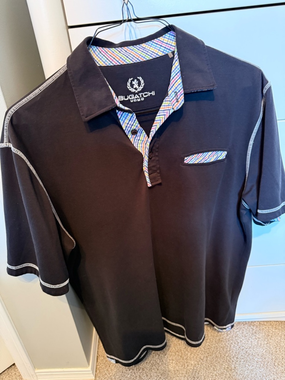 Bugatchi Black Polo with Multicolor Striped Trim